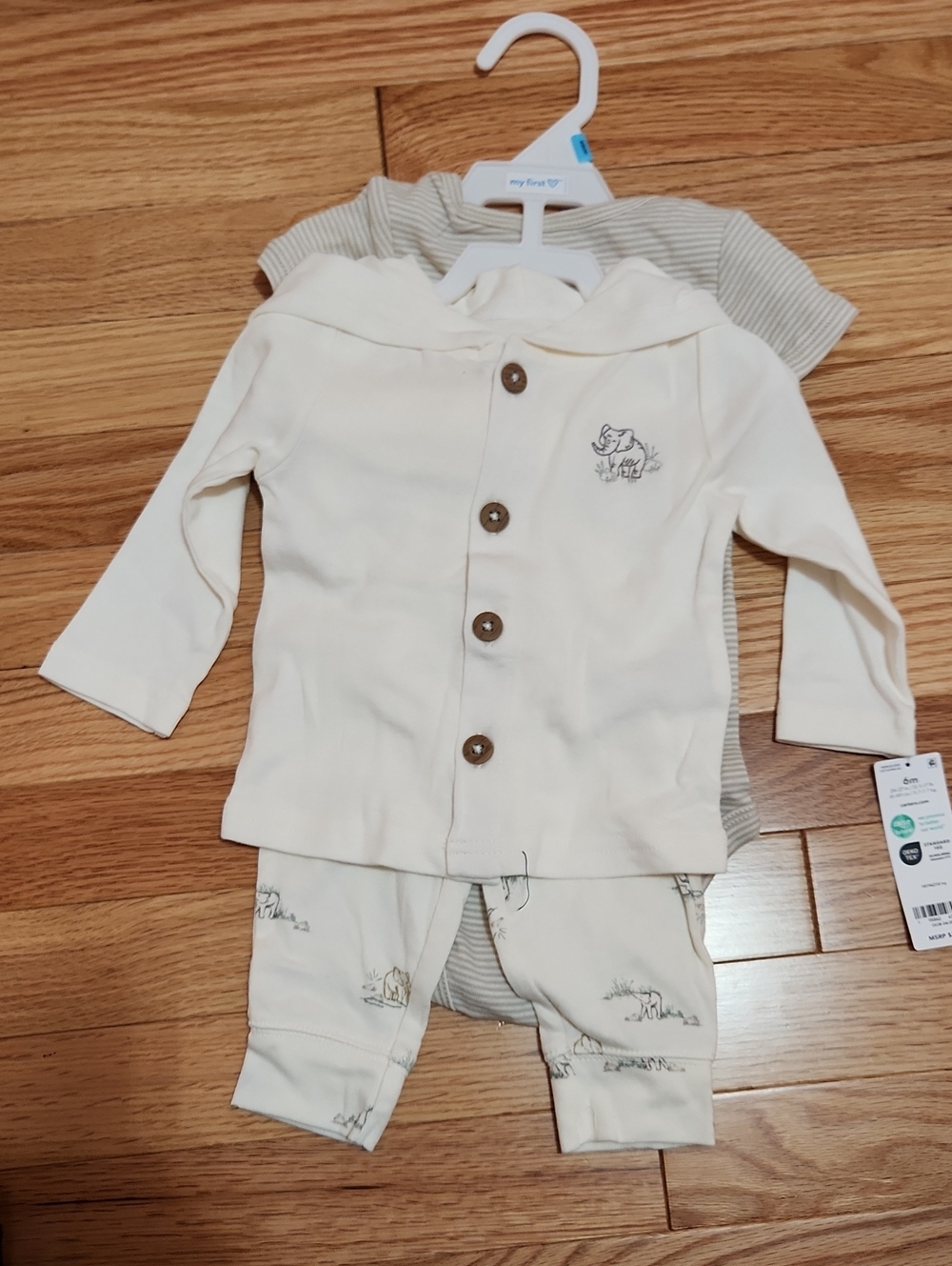 Carters Cream Hooded Baby Set with Elephant Embroidery